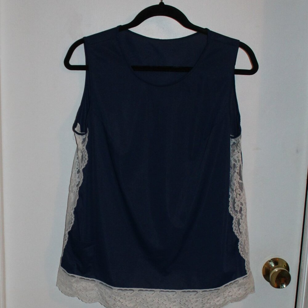Vintage Shadowline Navy Blue Nylon Camisole Pajama Top With Lace Detailing